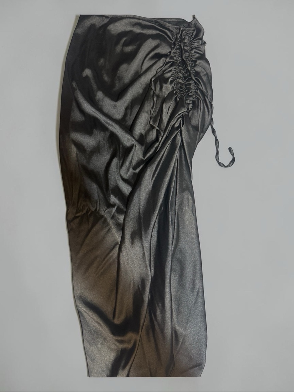 Black Satin Midi Skirt with Side Ruching and Adjustable Drawstring